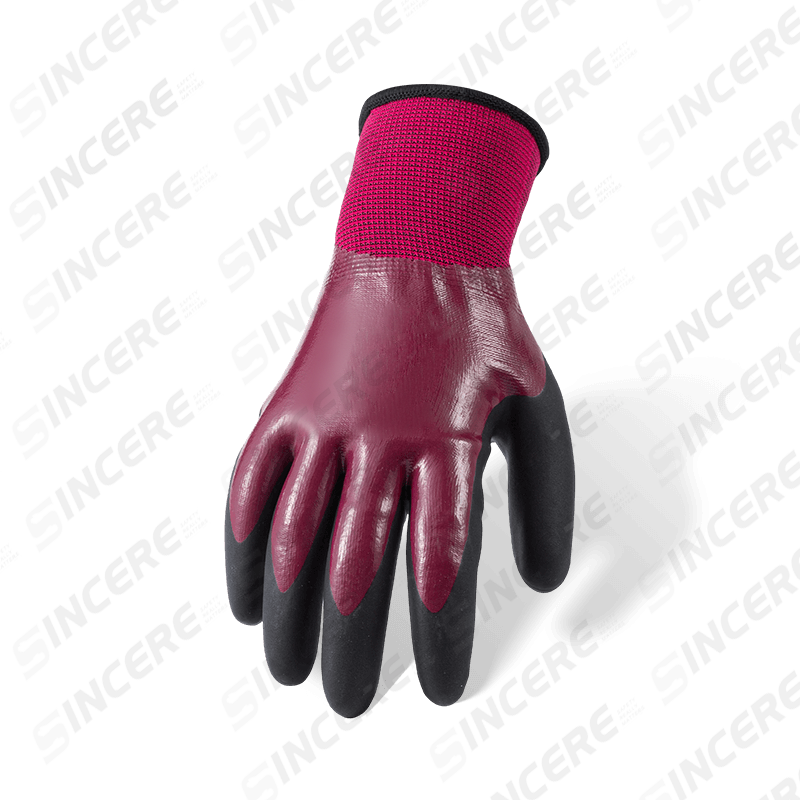 13 Gauge Polyester Double-Coated Waterproof Thermal Gloves — Purple Nitrile Full Dip with Black Micro-Foam Palm, 10G Fleece Liner