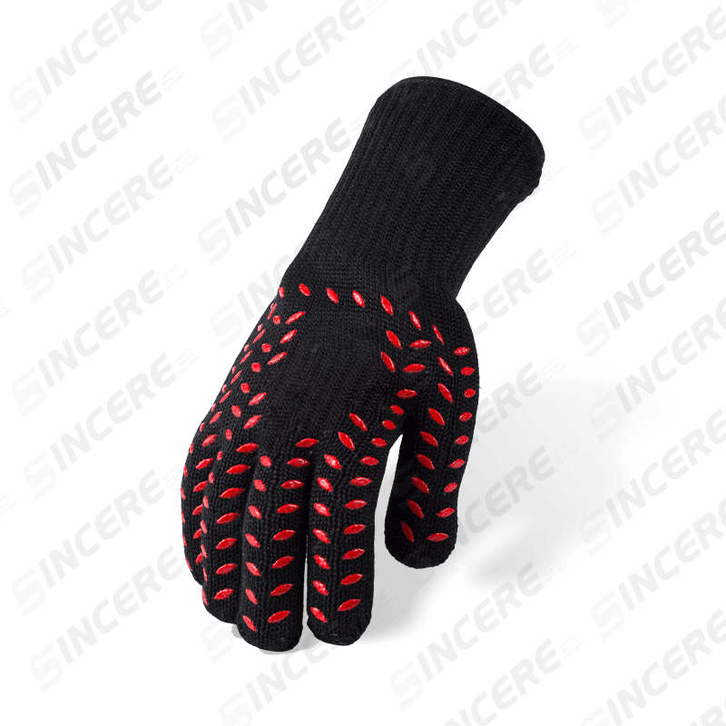 7 Gauge Black Aramid Gloves with 100% Cotton Liner and Double-Sided Silicone Coating — Heat Resistant Level 2 with Cut Protection