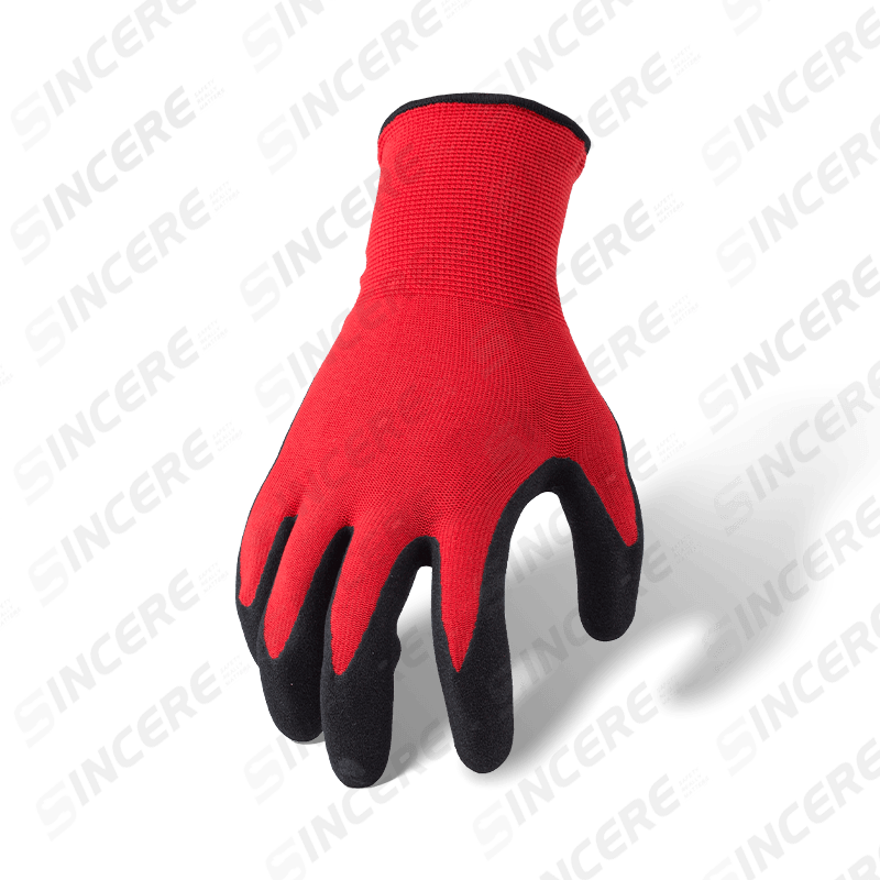 13 Gauge Polyester Nitrile Sandy Palm Coated Work Gloves — Red Liner, Black Grip