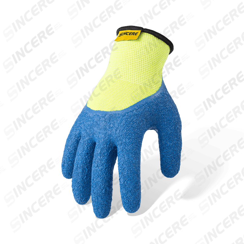 13 Gauge Polyester Latex Crinkle 3/4 Dipped Work Gloves — Hi-Vis Yellow