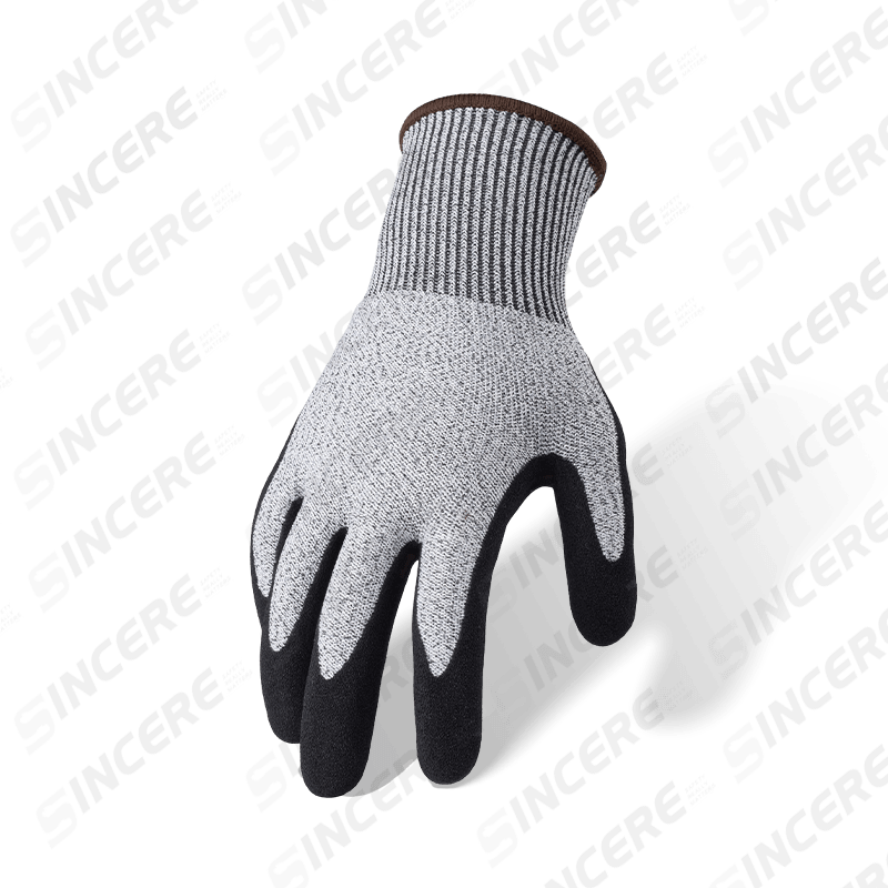 13 Gauge ANSI A4 Cut Resistant Gloves with Black Nitrile Sandy Palm Coating