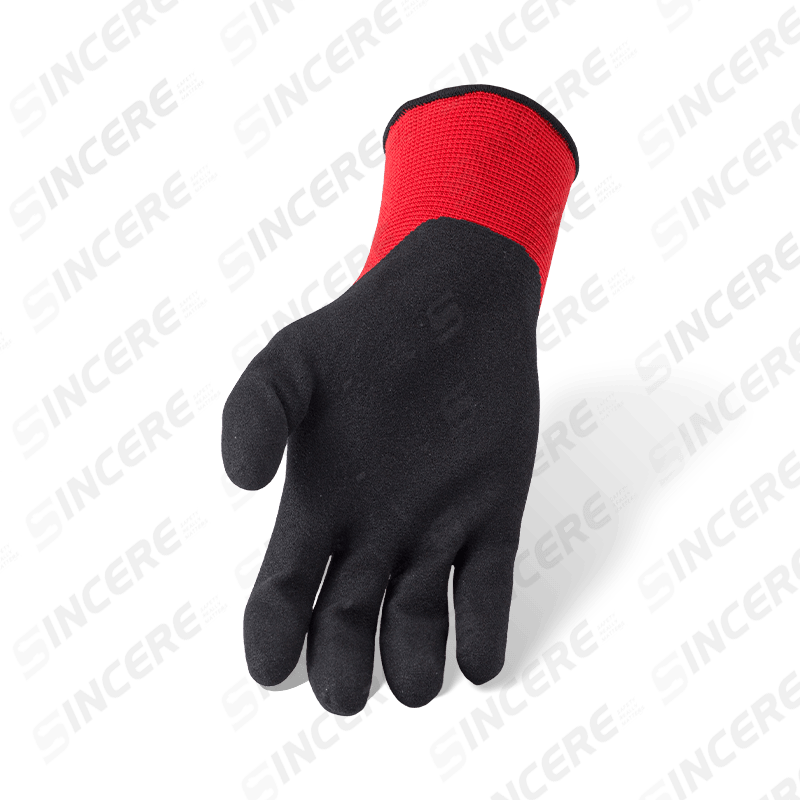 13 Gauge Polyester Nitrile Sandy Palm Coated Work Gloves — Red Liner, Black Grip