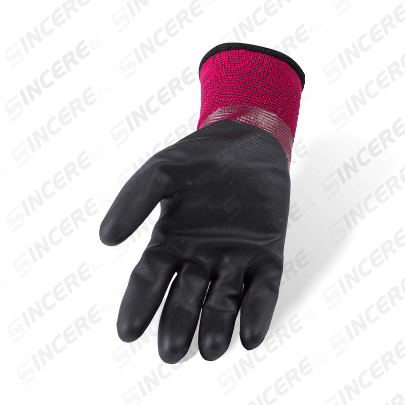13 Gauge Polyester Double-Coated Waterproof Thermal Gloves — Purple Nitrile Full Dip with Black Micro-Foam Palm, 10G Fleece Liner 13 Gauge Polyester Double-Coated Waterproof Thermal Gloves — Purple Nitrile Full Dip with Black Micro-Foam Palm, 10G Fleece Liner
