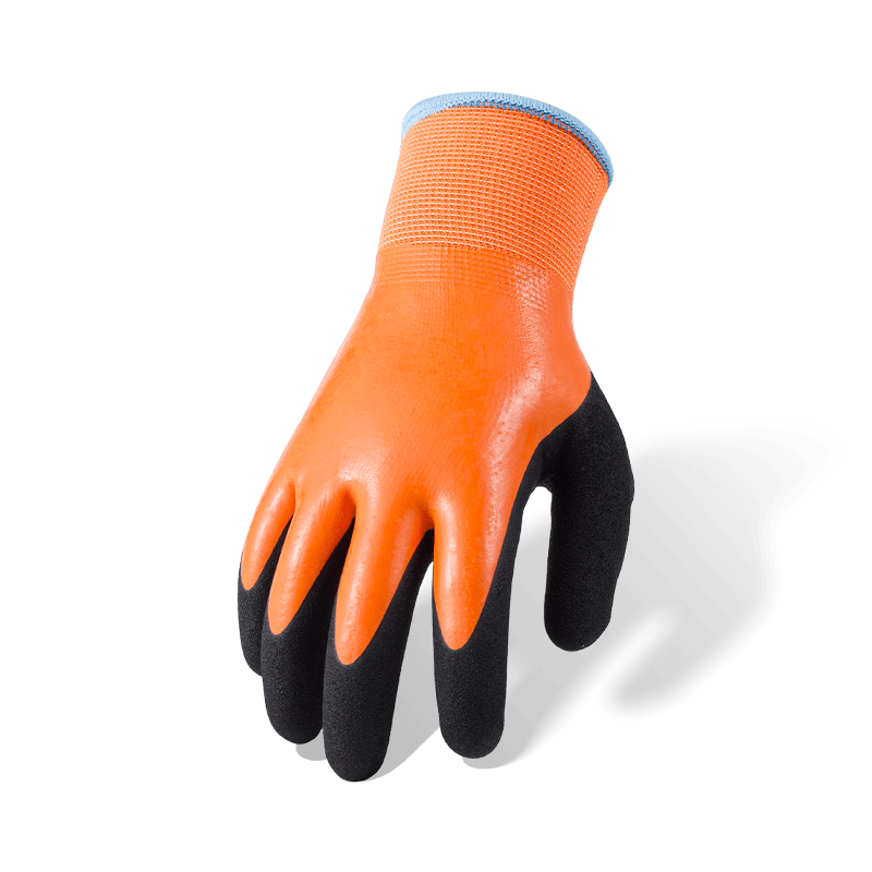 13 Gauge Polyester Fully Coated Orange Latex Gloves with Black Sandy Thumb Reinforcement and Thermal Fleece Liner 13 Gauge Polyester Fully Coated Orange Latex Gloves with Black Sandy Thumb Reinforcement and Thermal Fleece Liner