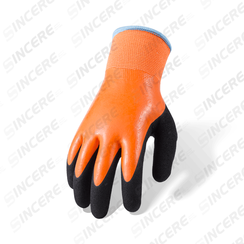 13 Gauge Polyester Fully Coated Orange Latex Gloves with Black Sandy Thumb Reinforcement and Thermal Fleece Liner