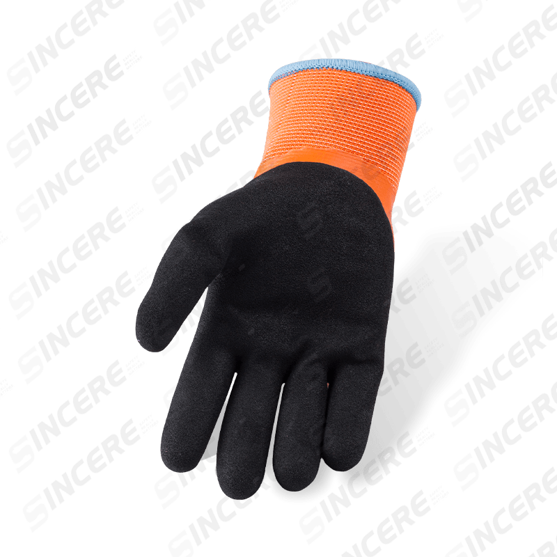 13 Gauge Polyester Fully Coated Orange Latex Gloves with Black Sandy Thumb Reinforcement and Thermal Fleece Liner 13 Gauge Polyester Fully Coated Orange Latex Gloves with Black Sandy Thumb Reinforcement and Thermal Fleece Liner