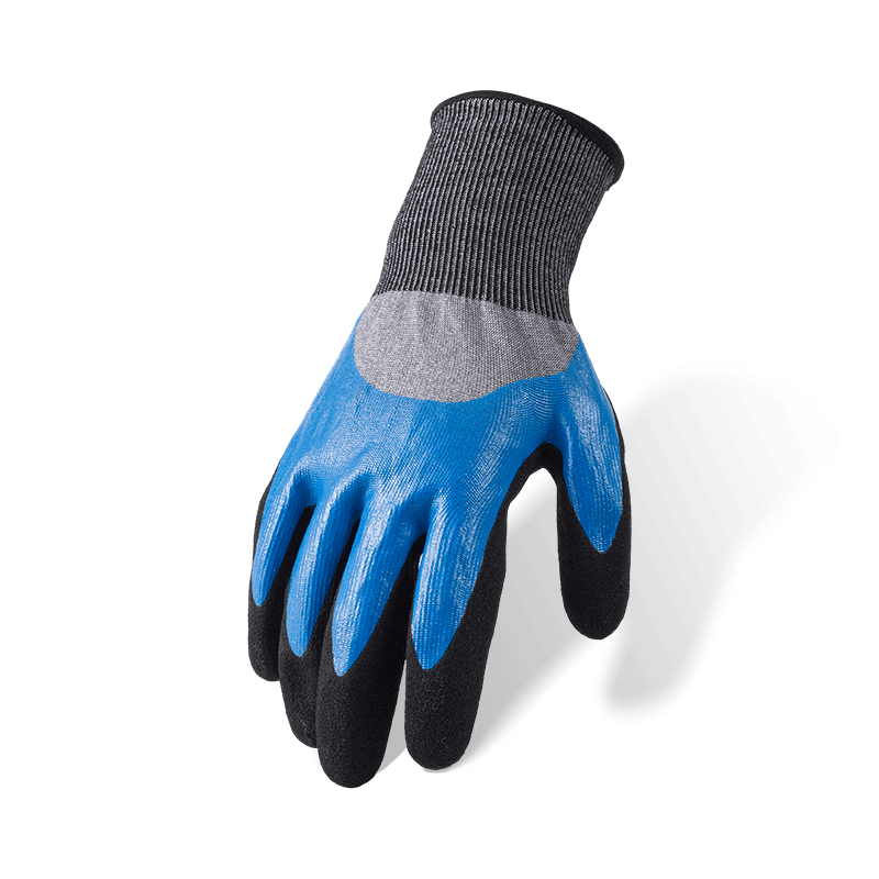 18 Gauge ANSI A6 Cut Resistant Gloves — Blue Nitrile Smooth 3/4 Dip with Black Sandy Palm Over-Coat