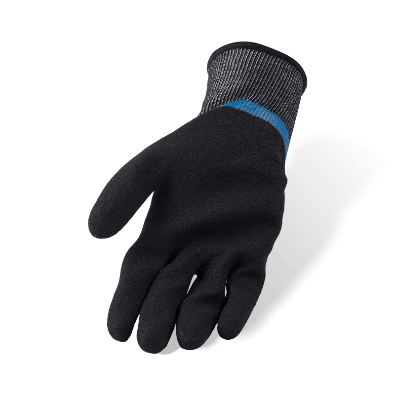18 Gauge ANSI A6 Cut Resistant Gloves — Blue Nitrile Smooth 3/4 Dip with Black Sandy Palm Over-Coat