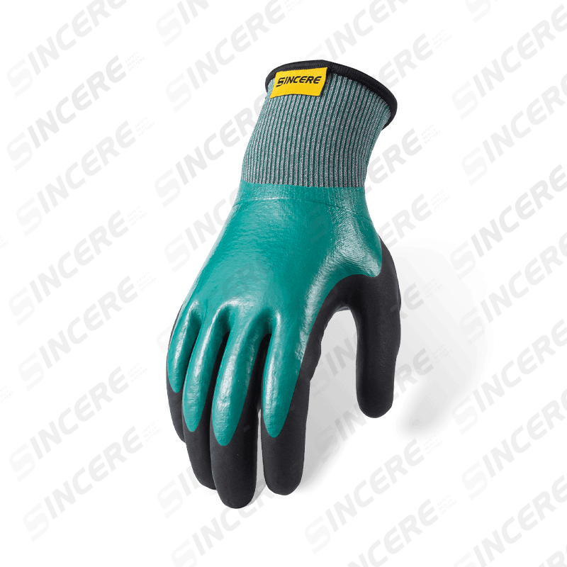 21 Gauge ANSI A4 Cut Resistant Gloves — Full Nitrile Smooth Dip with Black Sandy Thumb Reinforcement, Waterproof