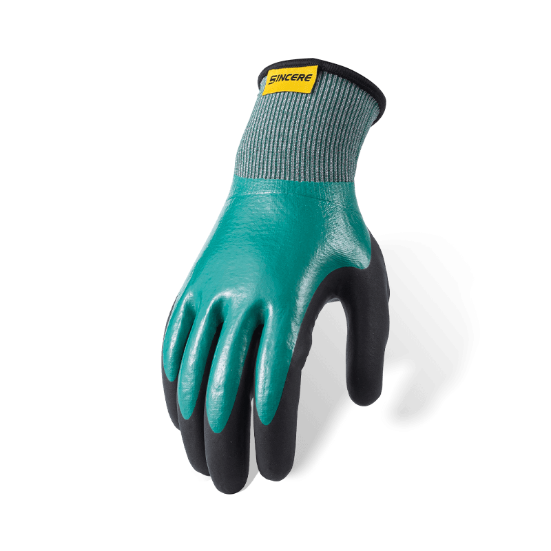 21 Gauge ANSI A4 Cut Resistant Gloves — Full Nitrile Smooth Dip with Black Sandy Thumb Reinforcement, Waterproof