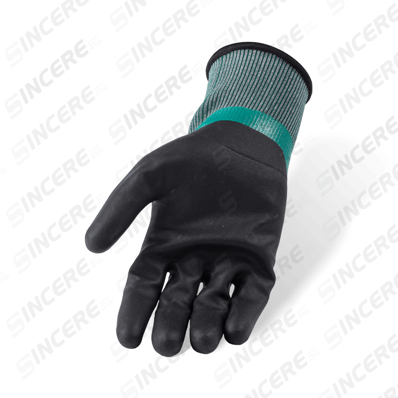 21 Gauge ANSI A4 Cut Resistant Gloves — Full Nitrile Smooth Dip with Black Sandy Thumb Reinforcement, Waterproof