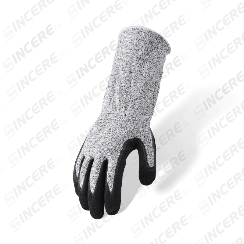 13 Gauge ANSI A6 Cut Resistant Gloves with Extended Cuff and Black Nitrile Sandy Palm