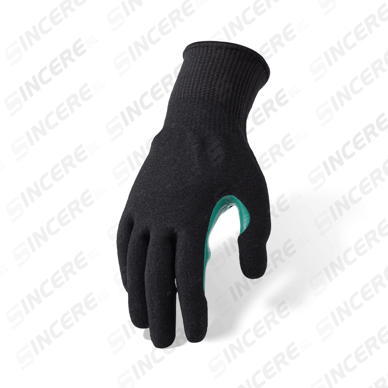 13 Gauge ANSI A8 Cut Resistant Gloves with Black Nitrile Sandy Palm and Blue Reinforced Thumb Crotch