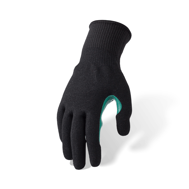 13 Gauge ANSI A8 Cut Resistant Gloves with Black Nitrile Sandy Palm and Blue Reinforced Thumb Crotch