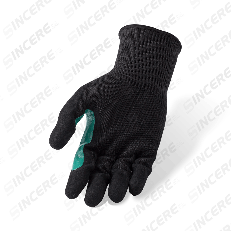 13 Gauge ANSI A8 Cut Resistant Gloves with Black Nitrile Sandy Palm and Blue Reinforced Thumb Crotch
