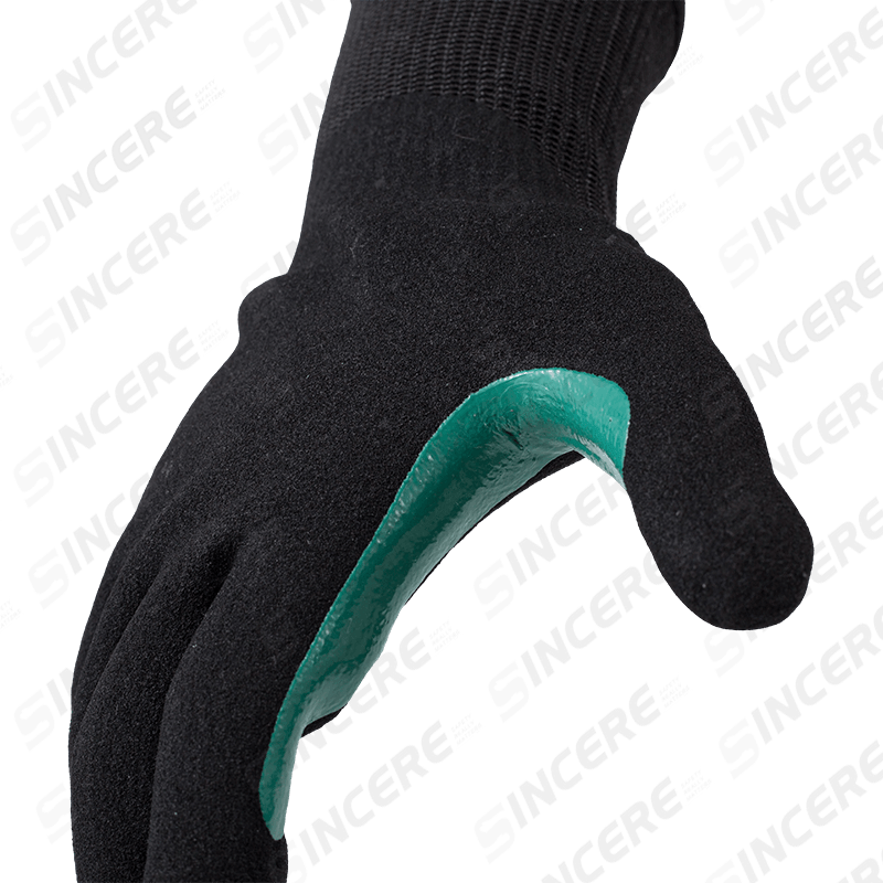 13 Gauge ANSI A8 Cut Resistant Gloves with Black Nitrile Sandy Palm and Blue Reinforced Thumb Crotch
