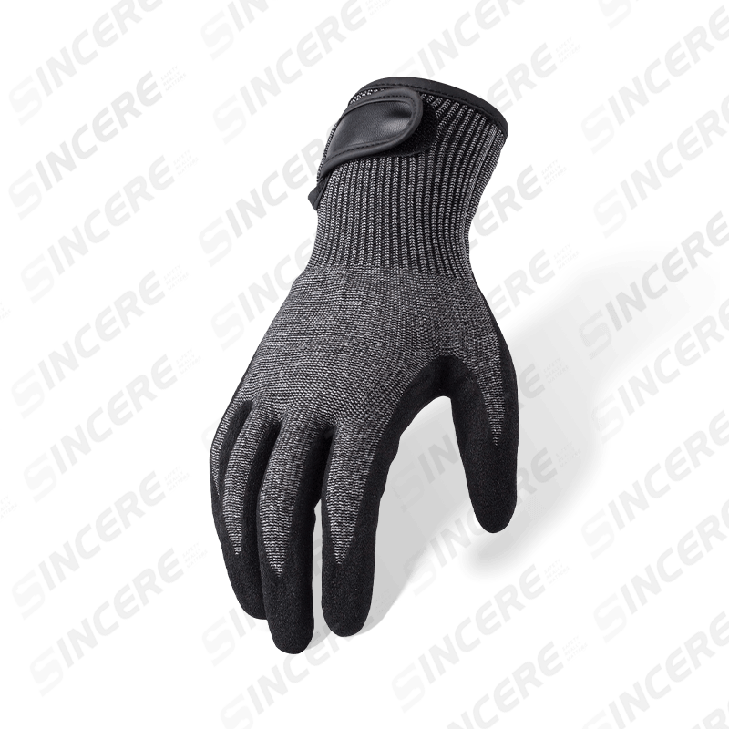 13 Gauge ANSI A5 Cut Resistant Gloves with Black Nitrile Sandy Palm and Adjustable Velcro Wrist