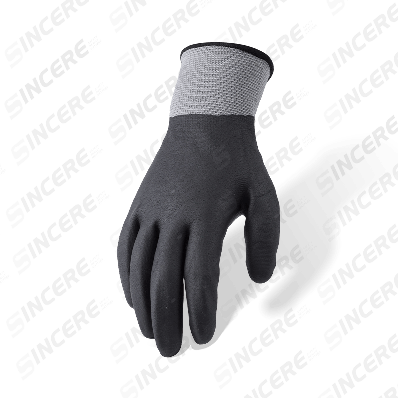 15 Gauge Polyester Fully Coated Black Nitrile Micro-Foam Gloves — Waterproof and Oil Resistant