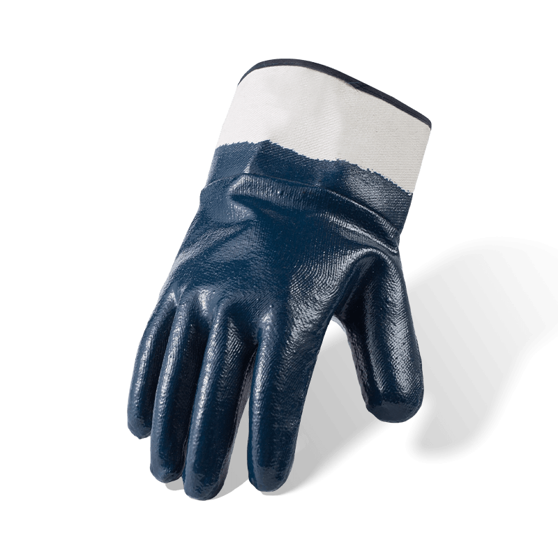 7 Gauge Cotton Fleece Lined Blue Nitrile Fully Coated Work Gloves — Smooth Waterproof, Oil and Chemical Resistant