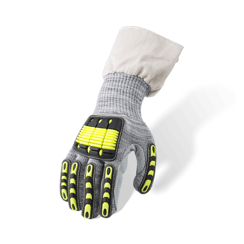 13 Gauge ANSI A5 Cut Resistant Gloves with Full-Grain Leather Palm, TPR Back-of-Hand and Canvas Cuff — Heavy Duty Mechanical