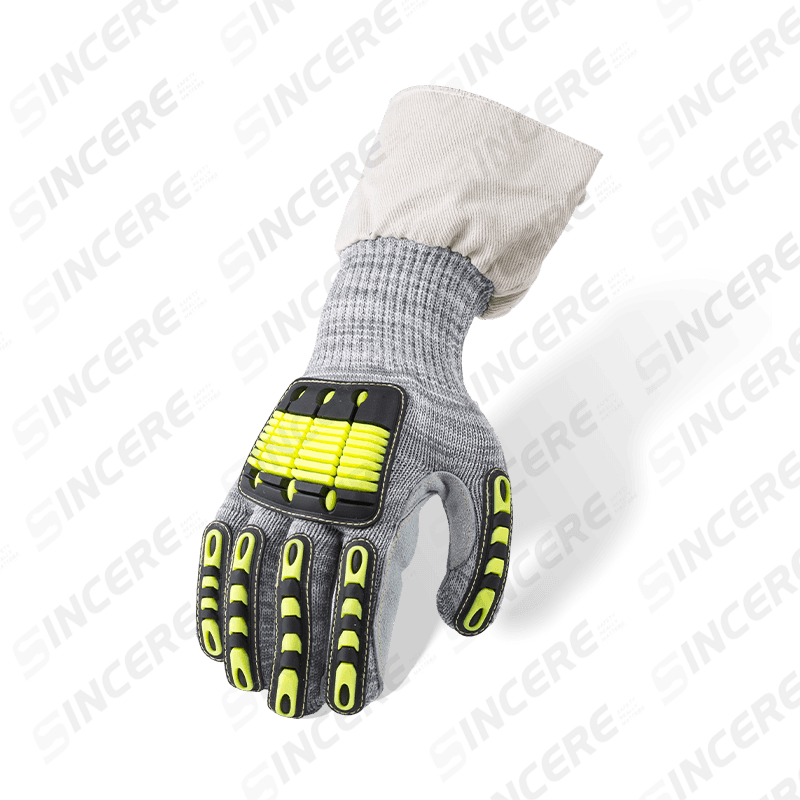 13 Gauge ANSI A5 Cut Resistant Gloves with Full-Grain Leather Palm, TPR Back-of-Hand and Canvas Cuff — Heavy Duty Mechanical