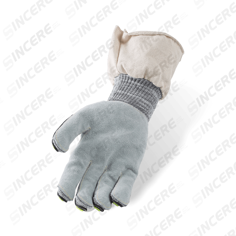 13 Gauge ANSI A5 Cut Resistant Gloves with Full-Grain Leather Palm, TPR Back-of-Hand and Canvas Cuff — Heavy Duty Mechanical
