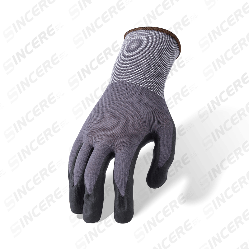 15 Gauge Nylon Spandex Gloves with Black Nitrile Micro-Foam Palm and Grey Irregular Nitrile Dot Grip