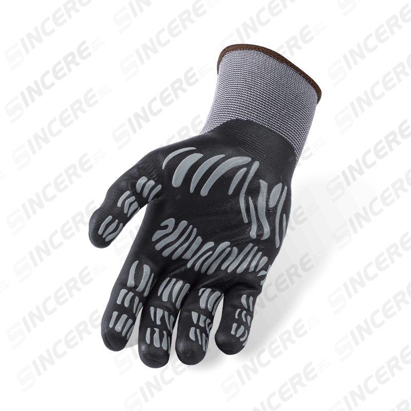 15 Gauge Nylon Spandex Gloves with Black Nitrile Micro-Foam Palm and Grey Irregular Nitrile Dot Grip