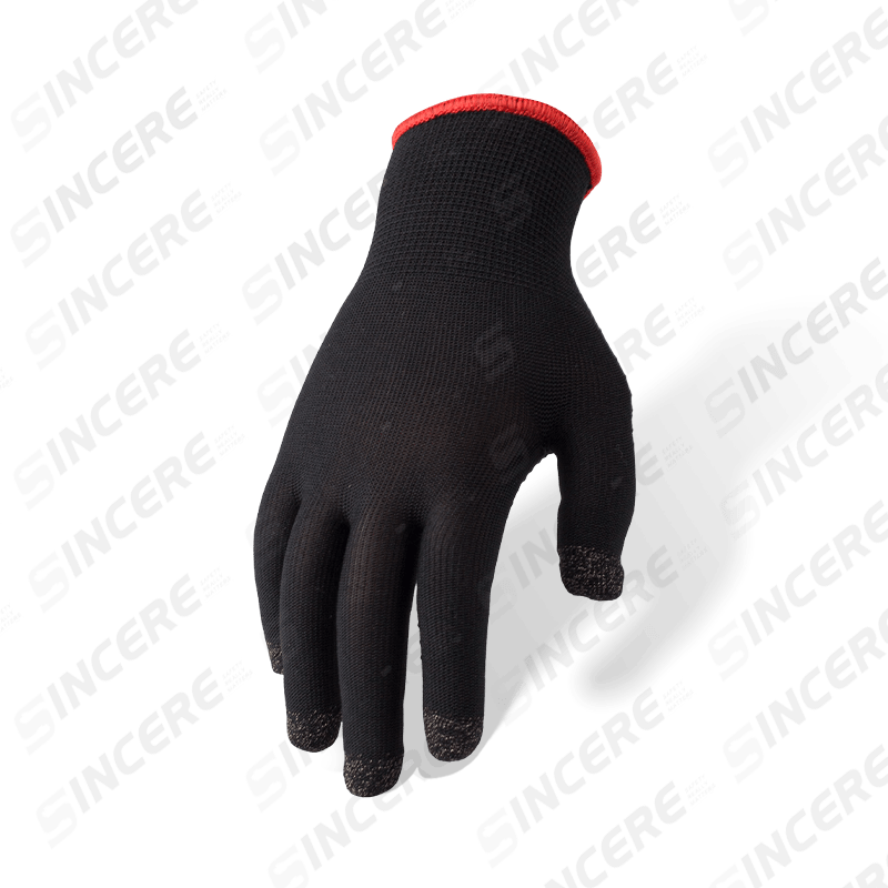 13 Gauge Black Nylon Gloves with Carbon Fiber Touchscreen Fingertips and PVC Dotted Palm — Touch-Screen Compatible