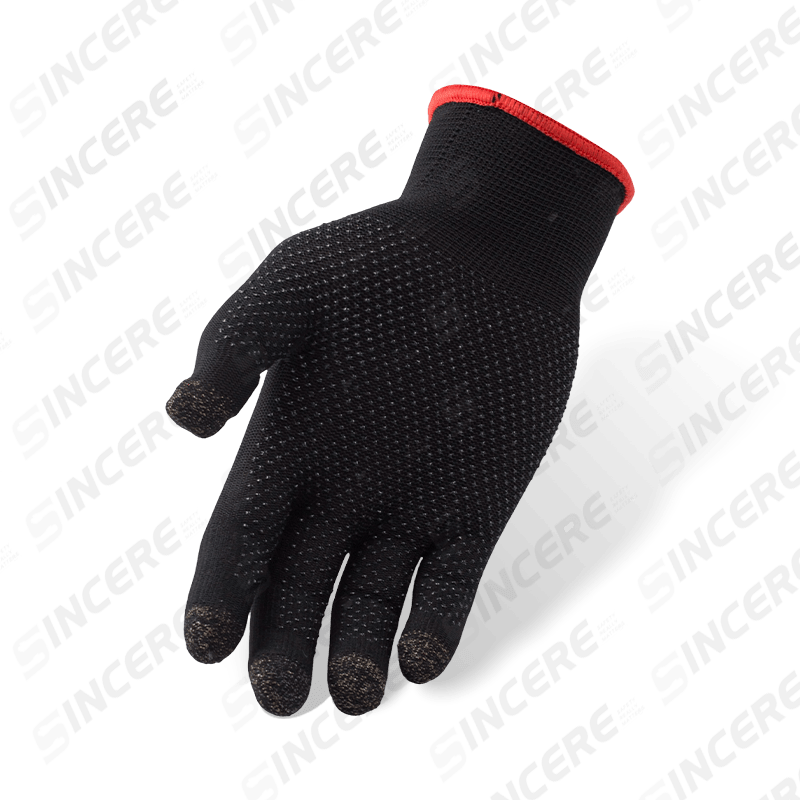 13 Gauge Black Nylon Gloves with Carbon Fiber Touchscreen Fingertips and PVC Dotted Palm — Touch-Screen Compatible