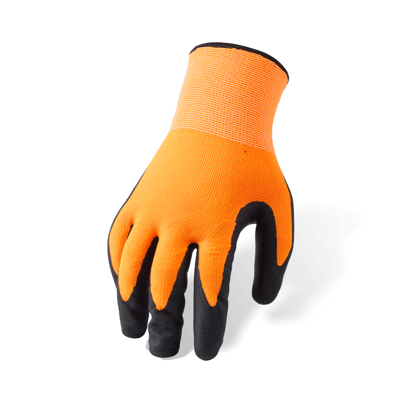 15 Gauge Orange Nylon Spandex Gloves with Black Nitrile Micro-Foam Palm — High-Visibility Precision Work Gloves