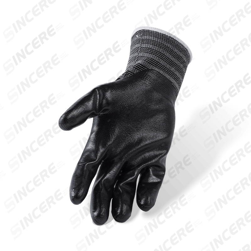 13 Gauge Black Nylon Gloves with Black Nitrile Smooth Palm Coating — Oil Resistant General Purpose Work Gloves 13 Gauge Black Nylon Gloves with Black Nitrile Smooth Palm Coating — Oil Resistant General Purpose Work Gloves
