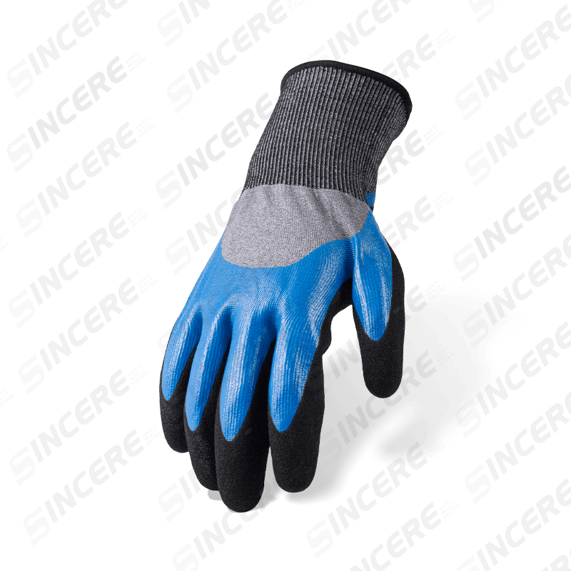 18 Gauge ANSI A5 Cut Resistant Gloves — Blue Nitrile Smooth 3/4 Dip with Black Sandy Palm Over-Coat
