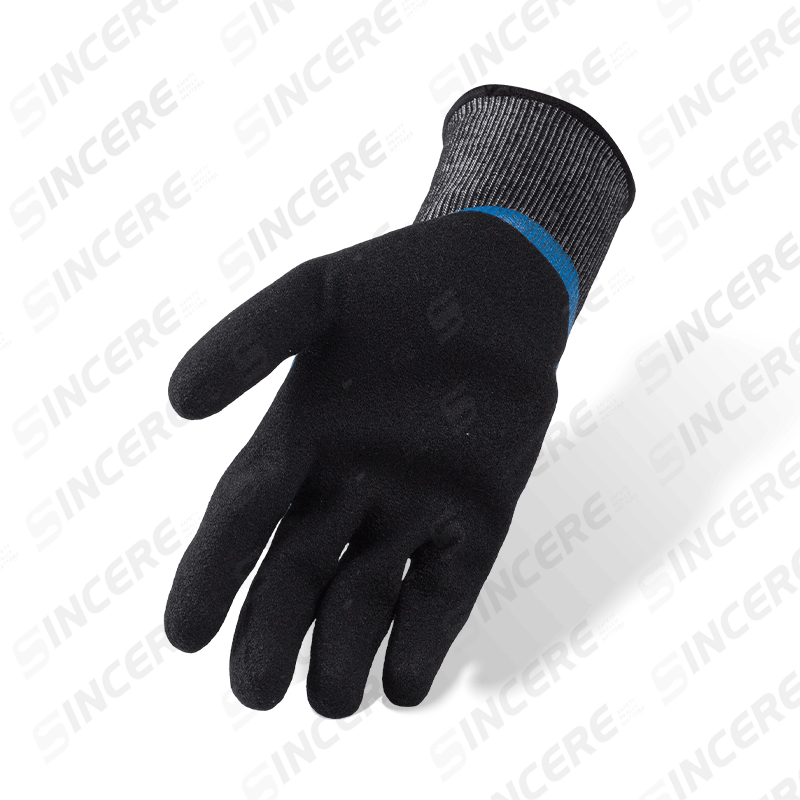 18 Gauge ANSI A5 Cut Resistant Gloves — Blue Nitrile Smooth 3/4 Dip with Black Sandy Palm Over-Coat 18 Gauge ANSI A5 Cut Resistant Gloves — Blue Nitrile Smooth 3/4 Dip with Black Sandy Palm Over-Coat