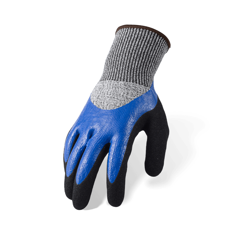13 Gauge ANSI A4 Cut Resistant Gloves — Blue Nitrile Smooth 3/4 Dip with Black Sandy Palm and Full Thumb Reinforcement 13 Gauge ANSI A4 Cut Resistant Gloves — Blue Nitrile Smooth 3/4 Dip with Black Sandy Palm and Full Thumb Reinforcement