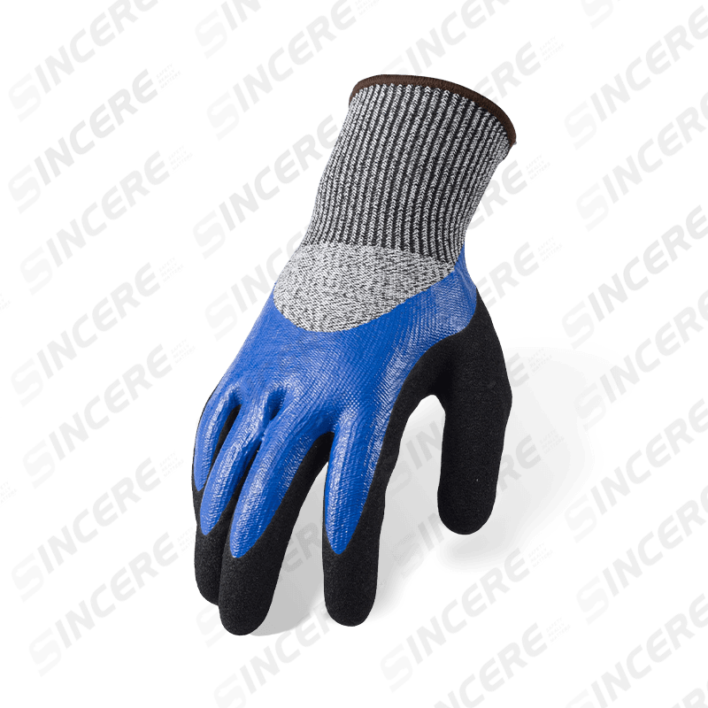 13 Gauge ANSI A4 Cut Resistant Gloves — Blue Nitrile Smooth 3/4 Dip with Black Sandy Palm and Full Thumb Reinforcement