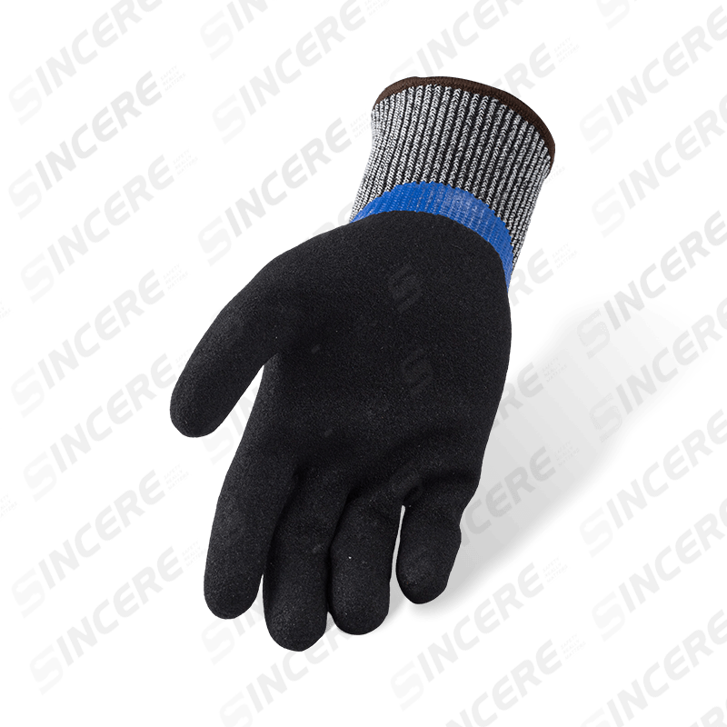 13 Gauge ANSI A4 Cut Resistant Gloves — Blue Nitrile Smooth 3/4 Dip with Black Sandy Palm and Full Thumb Reinforcement 13 Gauge ANSI A4 Cut Resistant Gloves — Blue Nitrile Smooth 3/4 Dip with Black Sandy Palm and Full Thumb Reinforcement
