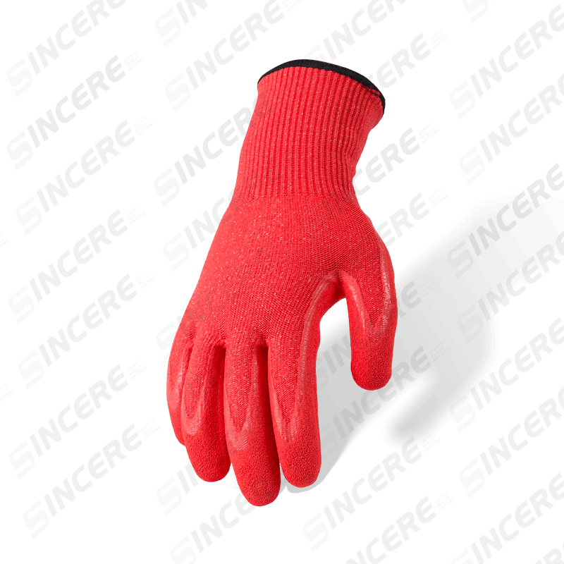 13 Gauge ANSI A3 Cut Resistant Gloves with Red Nitrile Sandy Palm Coating — Medium Cut Protection