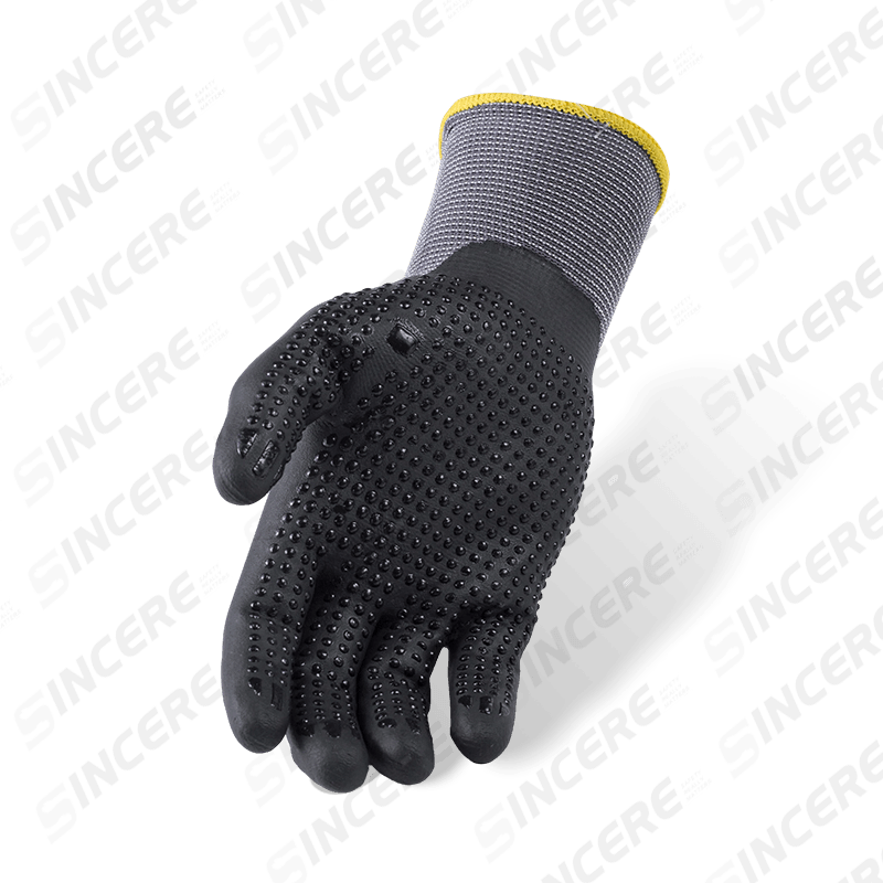 15 Gauge Nylon Spandex Gloves with Black Nitrile Micro-Foam Palm and Nitrile Dotted Anti-Slip Grip 15 Gauge Nylon Spandex Gloves with Black Nitrile Micro-Foam Palm and Nitrile Dotted Anti-Slip Grip