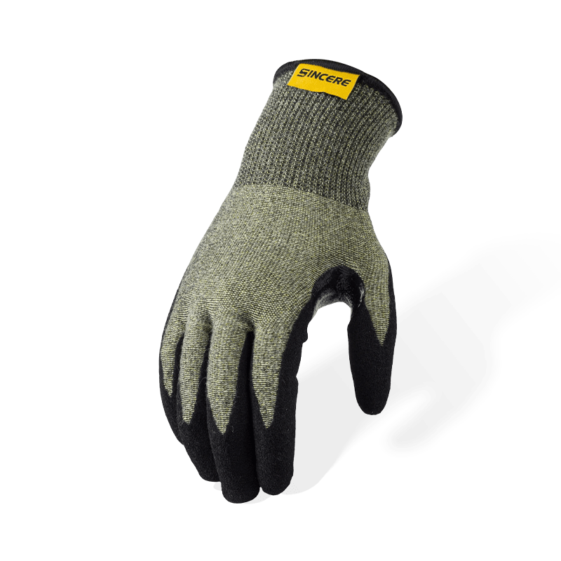 15 Gauge Aramid ANSI A6 Cut Resistant Gloves with Black Nitrile Sandy Palm and Reinforced Thumb Crotch