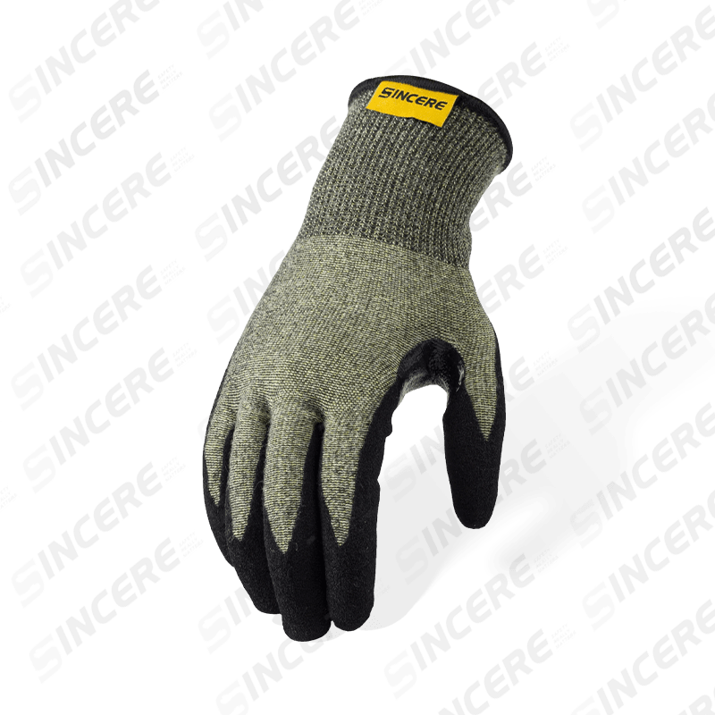 15 Gauge Aramid ANSI A6 Cut Resistant Gloves with Black Nitrile Sandy Palm and Reinforced Thumb Crotch
