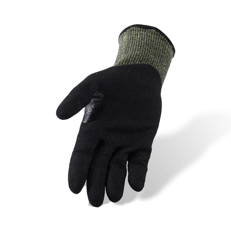 15 Gauge Aramid ANSI A6 Cut Resistant Gloves with Black Nitrile Sandy Palm and Reinforced Thumb Crotch