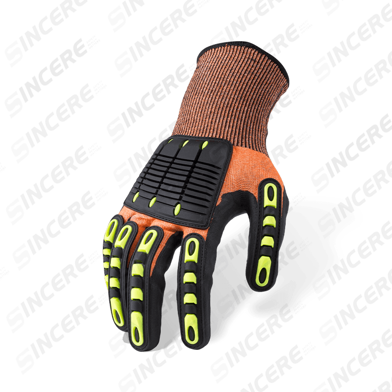 15 Gauge Orange ANSI A5 Cut Resistant Gloves with Black Nitrile Micro-Foam Palm and TPR Back-of-Hand Impact Protection