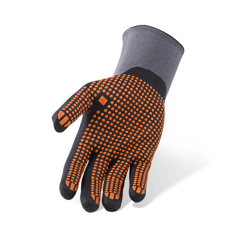 15 Gauge Nylon Spandex Gloves with Black Nitrile Micro-Foam Palm and Orange PVC Dotted Anti-Slip Grip 15 Gauge Nylon Spandex Gloves with Black Nitrile Micro-Foam Palm and Orange PVC Dotted Anti-Slip Grip