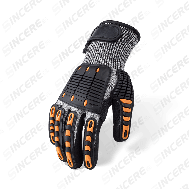13 Gauge ANSI A6 Cut Resistant Gloves with Black Nitrile Sandy Palm, TPR Impact Protection and Adjustable Wrist Closure — Heavy Duty Mechanical