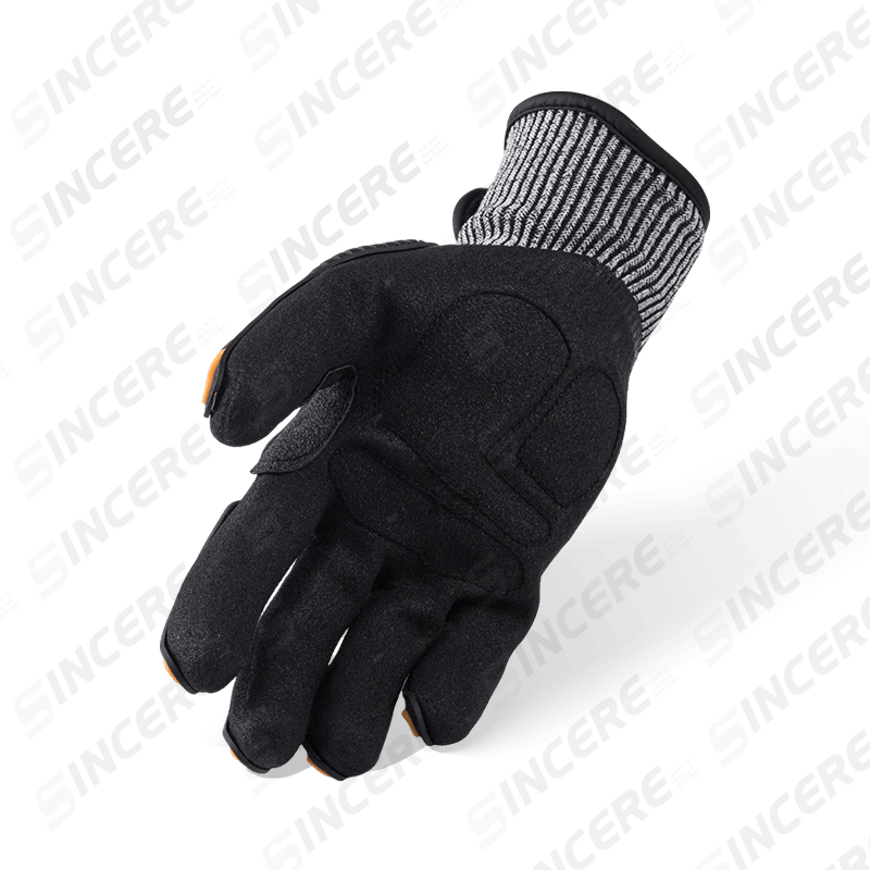 13 Gauge ANSI A6 Cut Resistant Gloves with Black Nitrile Sandy Palm, TPR Impact Protection and Adjustable Wrist Closure — Heavy Duty Mechanical