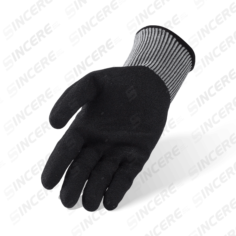 15 Gauge ANSI A6 Cut Resistant Gloves with Black Nitrile Sandy Palm — Fine-Gauge Heavy Cut Protection 15 Gauge ANSI A6 Cut Resistant Gloves with Black Nitrile Sandy Palm — Fine-Gauge Heavy Cut Protection