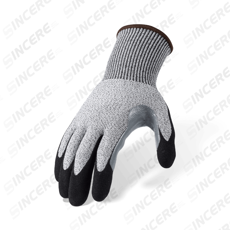 13 Gauge ANSI A4 Cut Resistant Gloves with Black Nitrile Sandy Palm and Extra-Long Reinforced Thumb Crotch