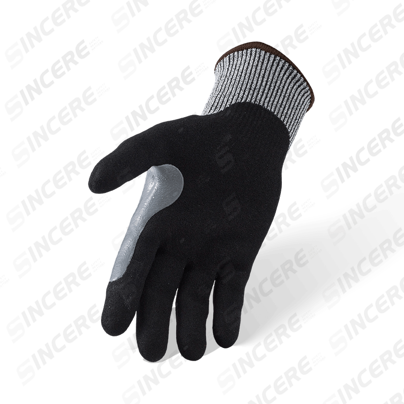 13 Gauge ANSI A4 Cut Resistant Gloves with Black Nitrile Sandy Palm and Extra-Long Reinforced Thumb Crotch 13 Gauge ANSI A4 Cut Resistant Gloves with Black Nitrile Sandy Palm and Extra-Long Reinforced Thumb Crotch