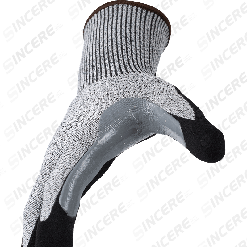 13 Gauge ANSI A4 Cut Resistant Gloves with Black Nitrile Sandy Palm and Extra-Long Reinforced Thumb Crotch 13 Gauge ANSI A4 Cut Resistant Gloves with Black Nitrile Sandy Palm and Extra-Long Reinforced Thumb Crotch